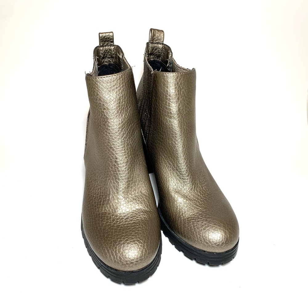 Sam & Libby Gold Metallic Moto Ankle Boots Chunky Block Heel Vegan Sz 9 Edgy